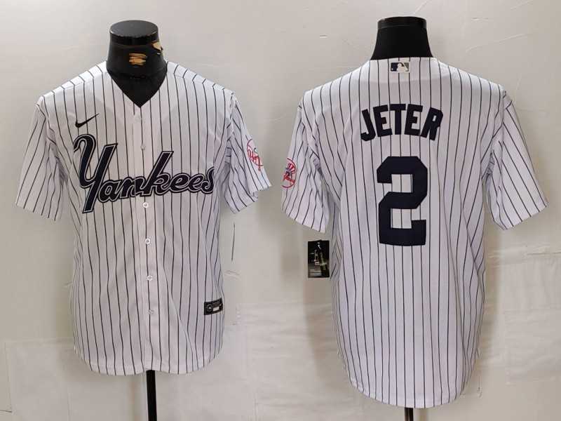 Men%27s New York Yankees #2 Derek Jeter White Pinstripe Fashion Cool Base Jersey->new york yankees->MLB Jersey